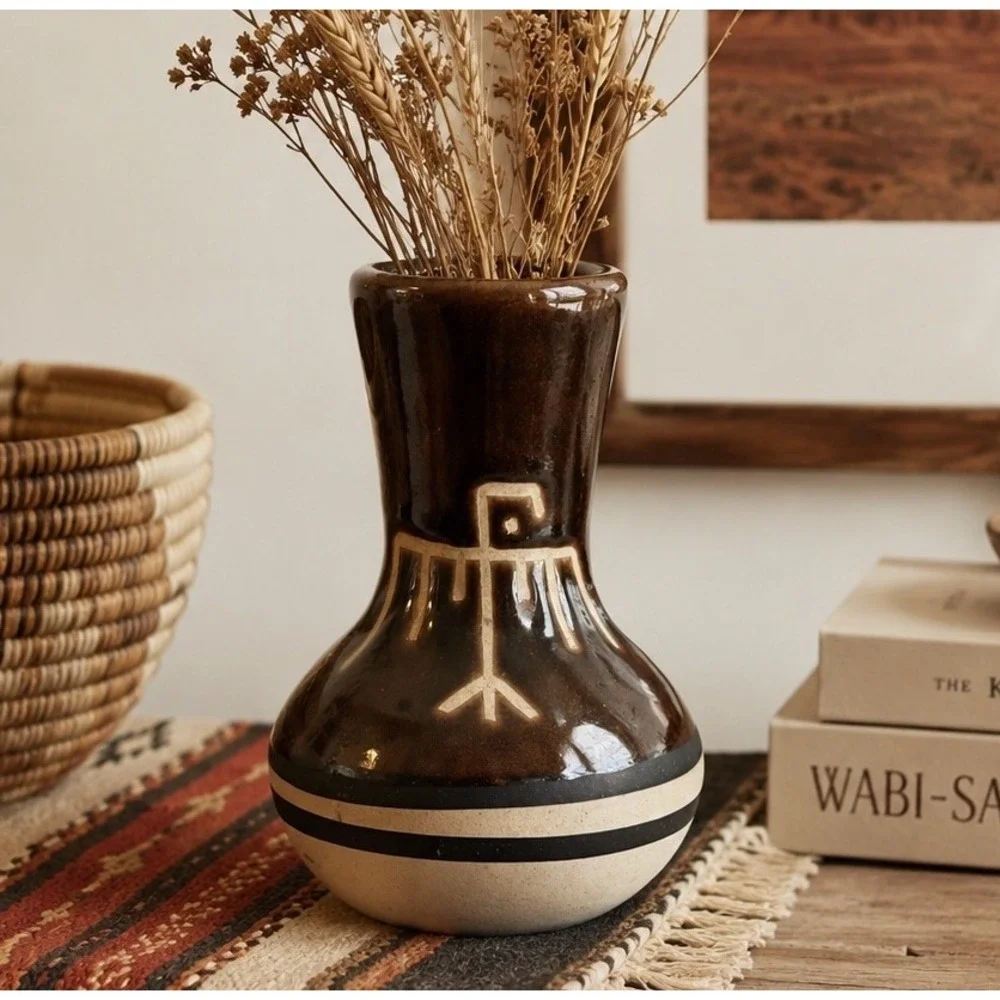 Vintage Southwestern Stoneware Bud Vase‎ Ivory Brown 6
